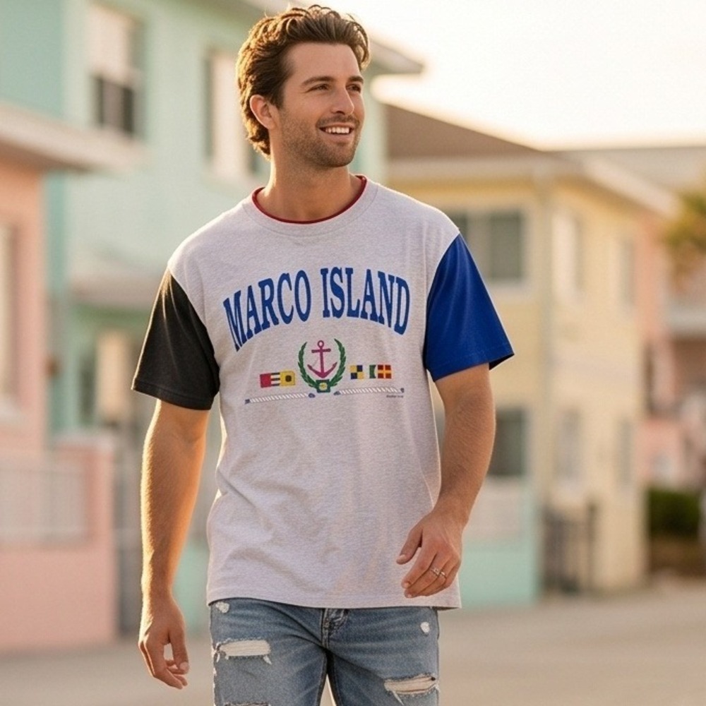 Vintage 1980s L Carolina Smile Marco Island Colorblock T-Shirt Mens Large Gray
